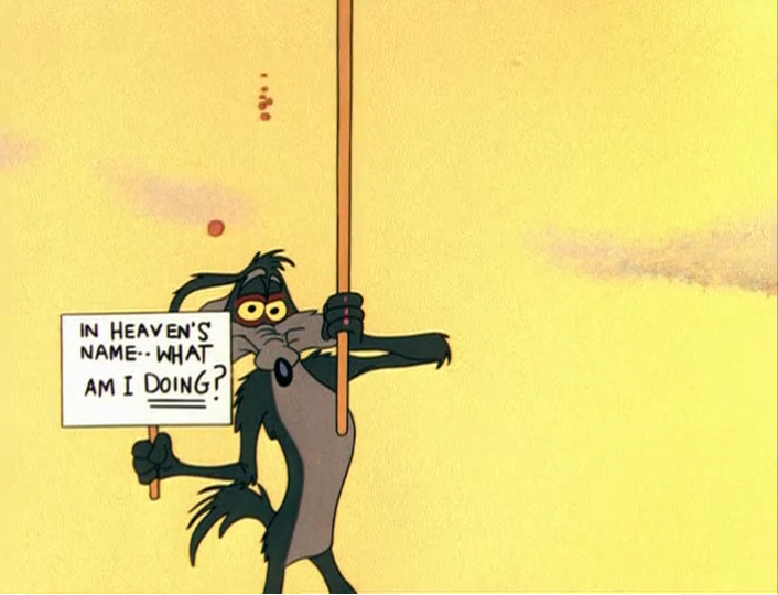 Wile E. Coyote holding up a sign reading 'in heaven's name, what am I DOING?'.