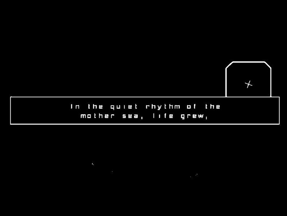 screenshot from the video game REZ featuring white text on a black background that reads 'In the quiet rhythm of the mother sea, life grew.'